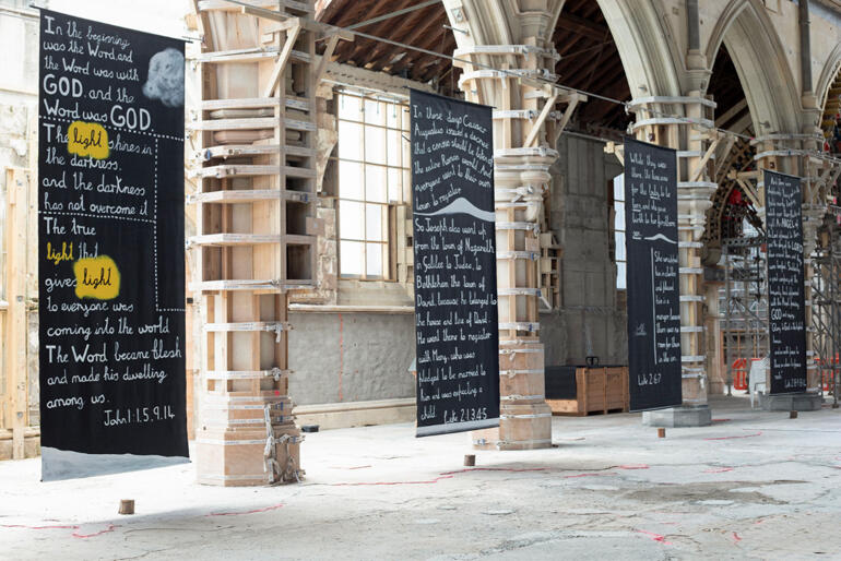 Pete Majendie's canvases employ Colin McCahon-style writing to retell the story of Jesus' birth.