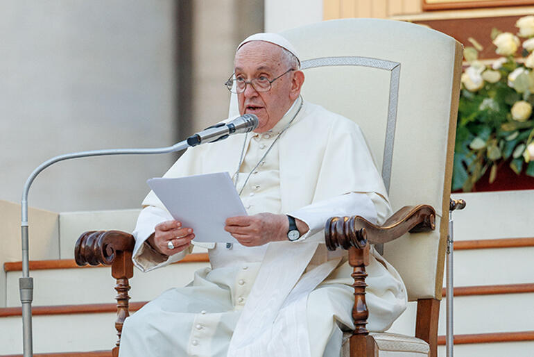 His Holiness Pope Francis speaks at an Ecumenical Prayer Vigil attended by the Archbishop of Canterbury, St Peter's Square, Rome, September 2023.