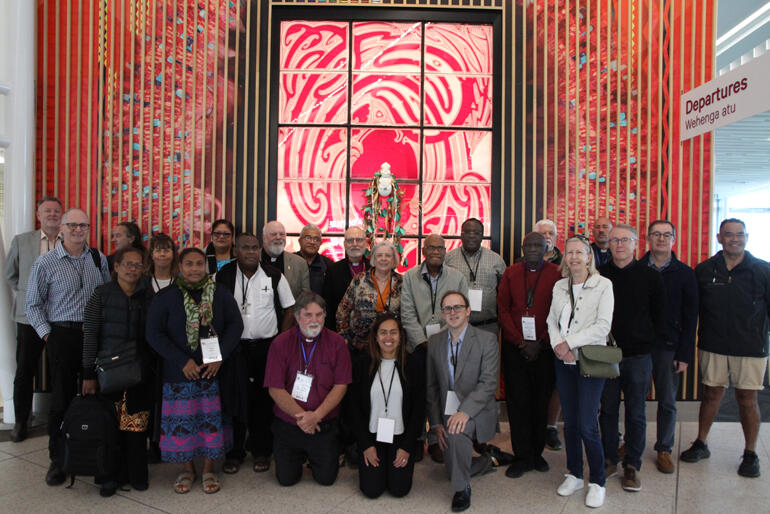 Fono members gather beneath Awa-nui-a-rangi, ancestor of Puketapu Hapū whose stories are told in the design of Ngā Motu | New Plymouth airport.