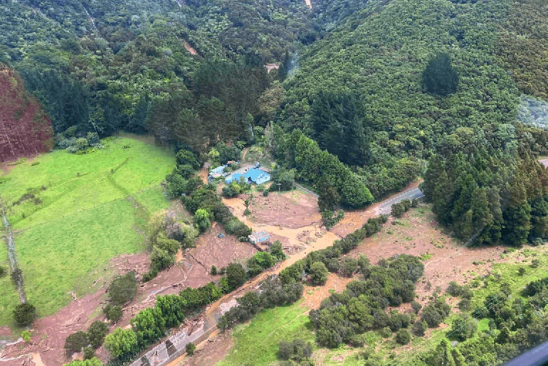 Aerial view of flood damage near Te Araroa. Photo/Te Araroa Civil Defence Facebook page.