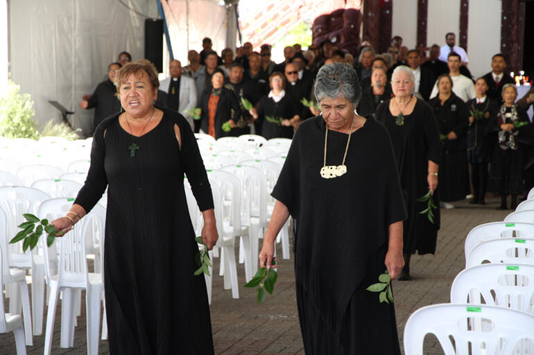 Kaikaranga welcome church leaders and well-wishers onto Papaiouru marae at Ohinemutu.