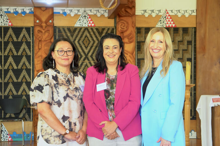Te Whare Ruruhau o Meri CEO Elizabeth Walker, Hon Karen Chhour, and Chair Natalie Vincent at the strategy launch. 