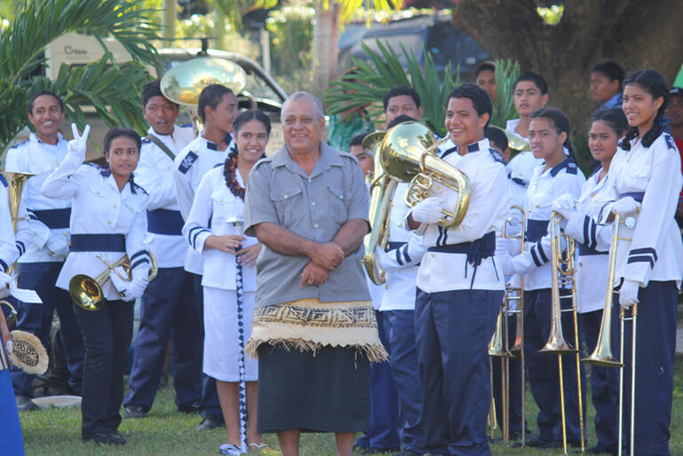 'Afa Vaka, St Andrew's Principal stands amongst his school's band members during the 2013 Bishops' meeting hosted in Tonga.